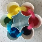 A group of cups filled with different colored liquid.