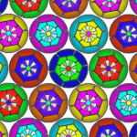 A pattern of colorful balls on black background.