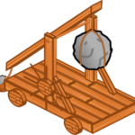 A wooden platform with a stone hanging from it.
