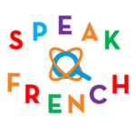 A colorful logo with the words speak french written in letters.