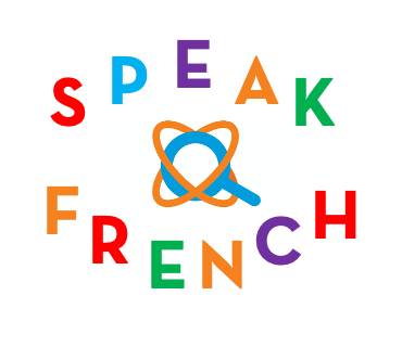 A colorful logo with the words speak french written in letters.