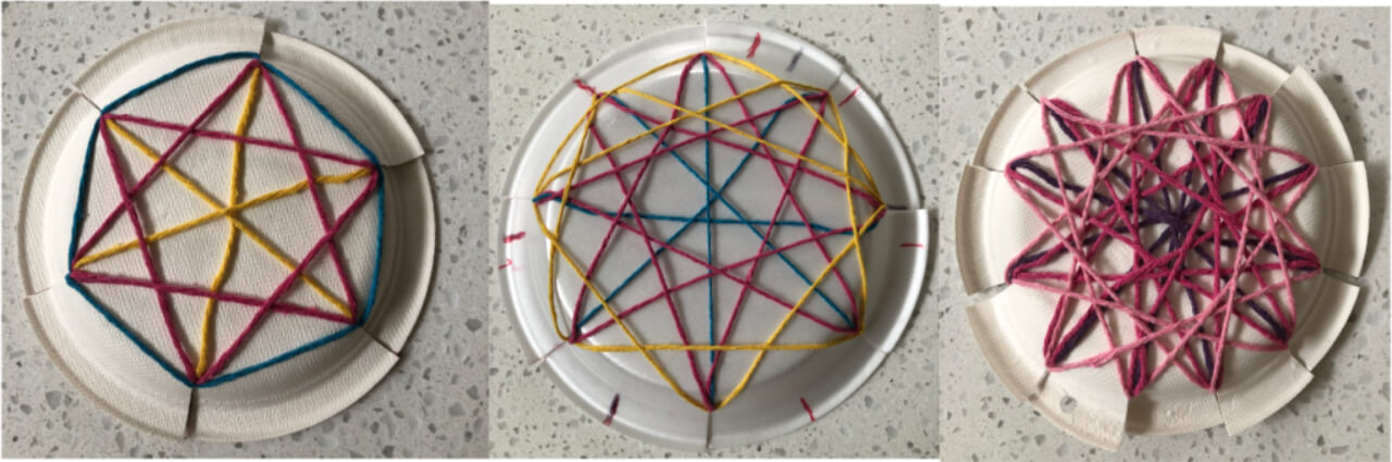 A paper plate with string art on it.