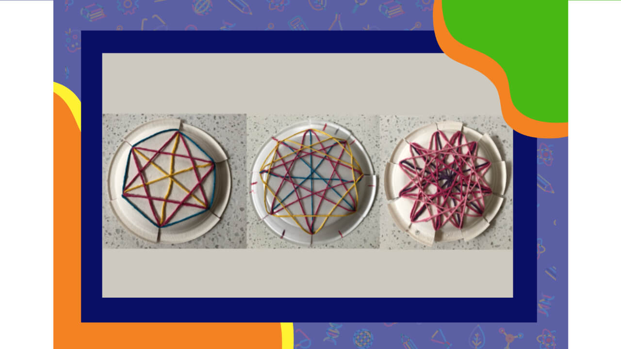 Three paper plates with string art on them.