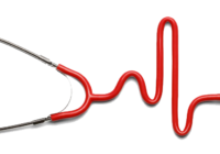 A red stethoscope with a heart shaped symbol on it.