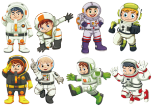 A bunch of astronauts are standing in the dark